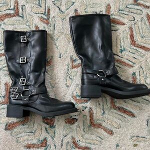 Black faux Leather Buckle Boots